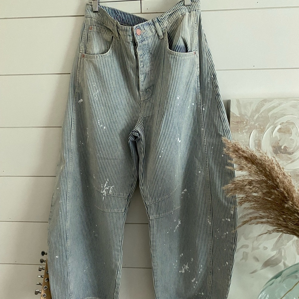 Free People Railroad Stripe Barrel Jean NWOT